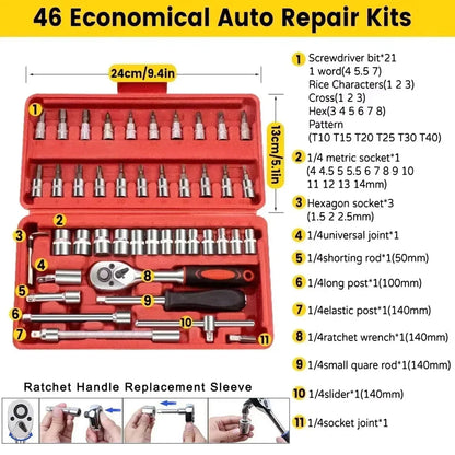 46Pcs Wrench Set Tool Kit For Car Tool Screwdriver And Bit Ratchet Torque Quick Wrench Spanner Wrench Socket Key Hand Tools